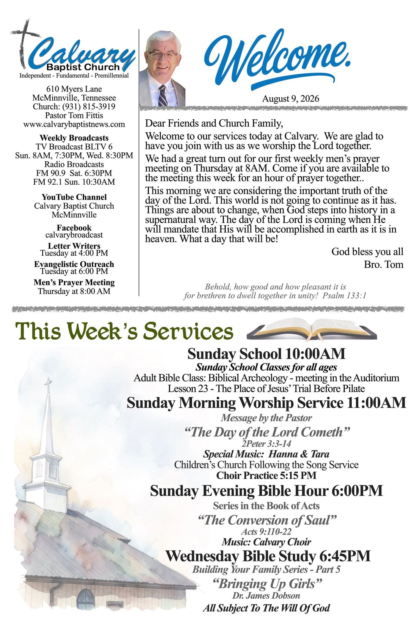Page one of the Calvary Baptist Church weekly bulletin — the pastor's letter to the church family, service information, and broadcast times