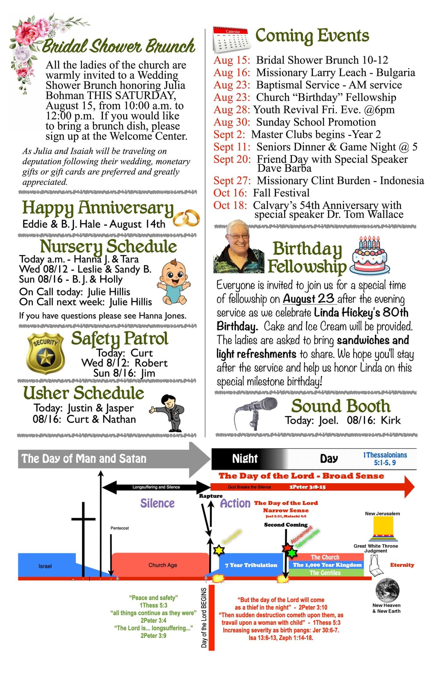 Page two of the Calvary Baptist Church weekly bulletin — announcements, the prayer list, and the week ahead