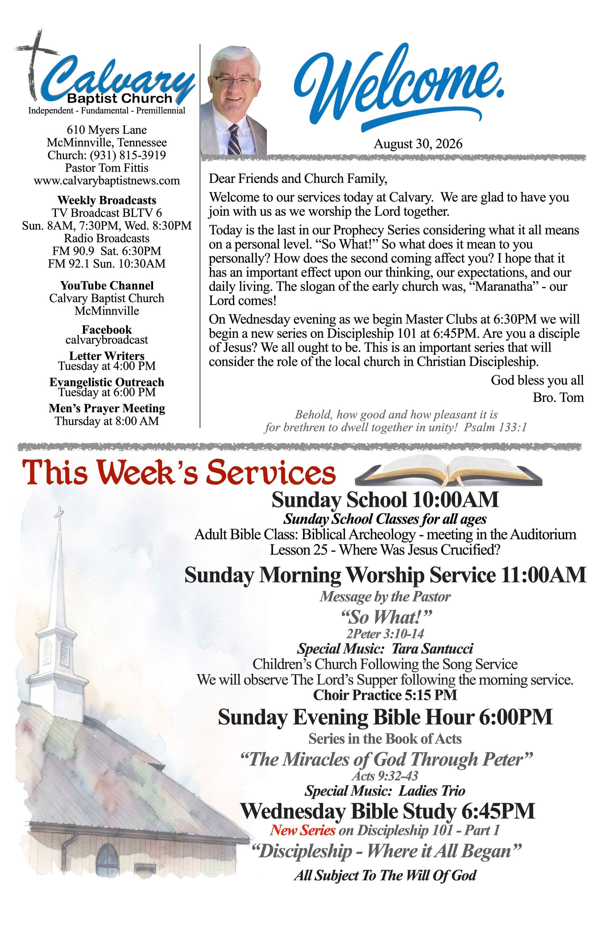 Front page of the Calvary Baptist Church bulletin for Sunday, August 30, 2026