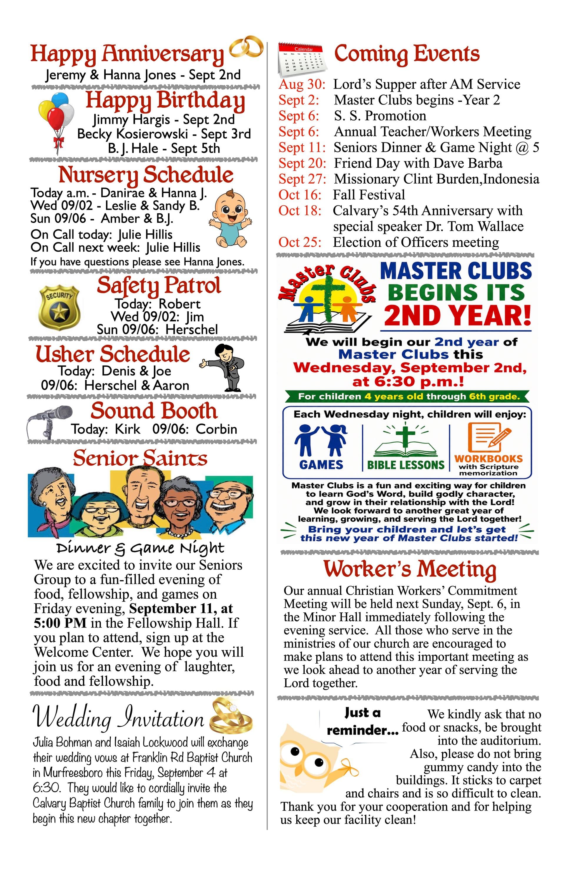 Page two of the Calvary Baptist Church bulletin for Sunday, August 30, 2026