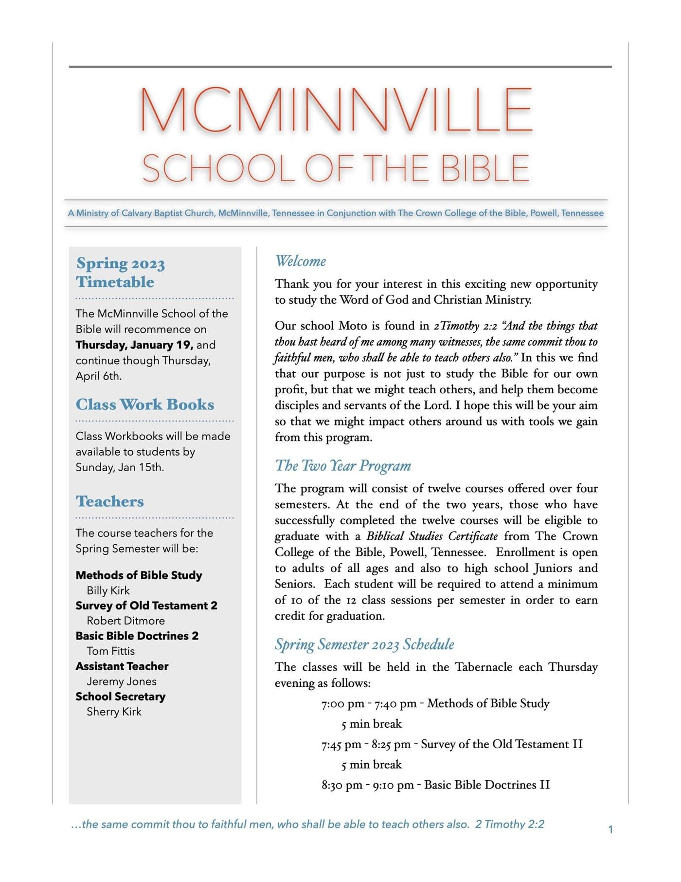 Poster for the McMinnville School of the Bible, a ministry of Calvary Baptist Church