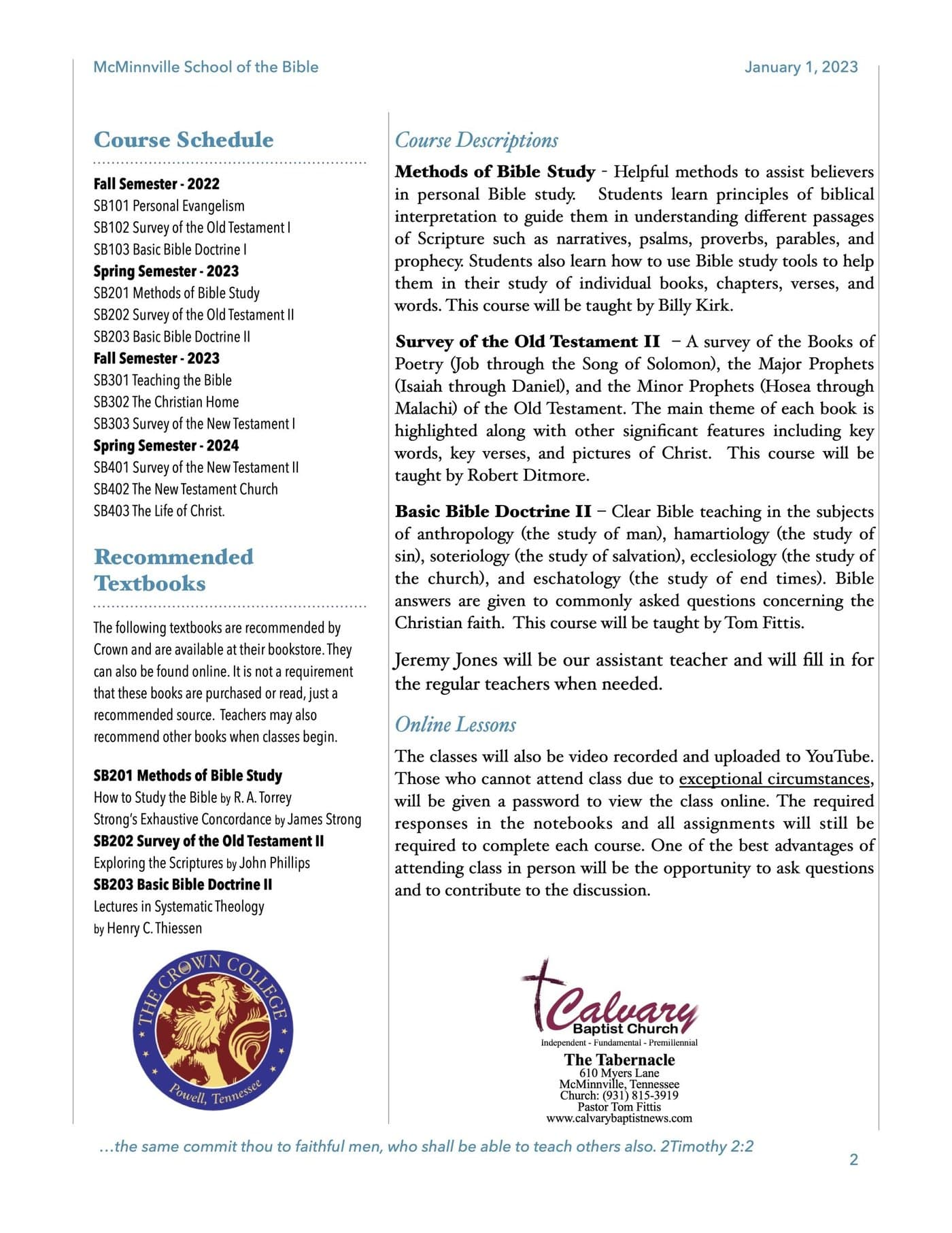 Page two of the prospectus, listing the four-semester course schedule, recommended textbooks, and course descriptions